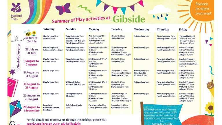 A schedule of events for Gibside Summer of Play 2026